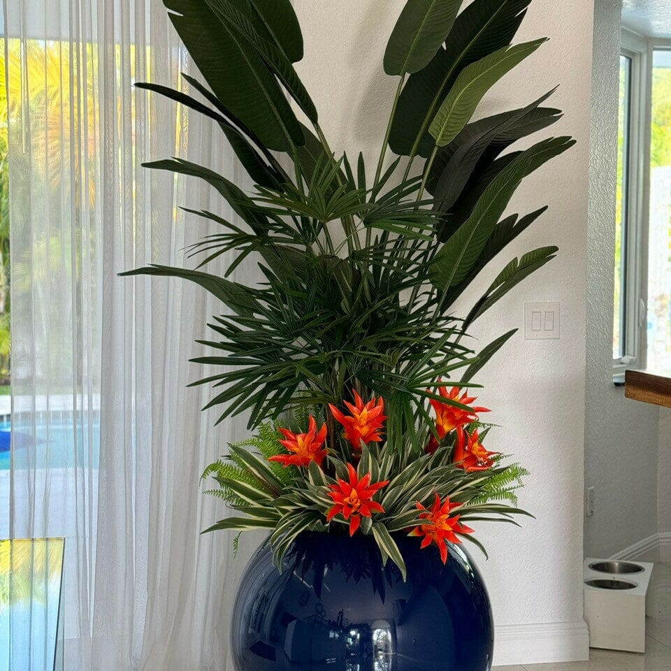 Mix of Tropical Plants in Cobalt Blue Globe Pot The New Garden