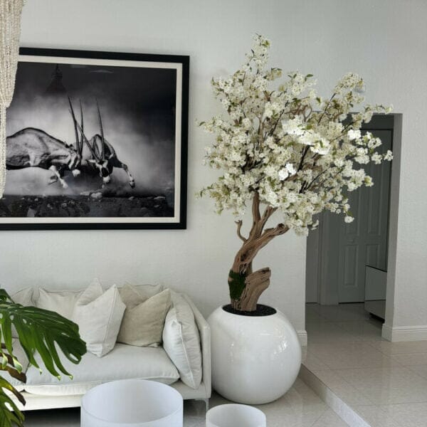 Shiny white globe vase with personalized cherry blossom tree The New Garden
