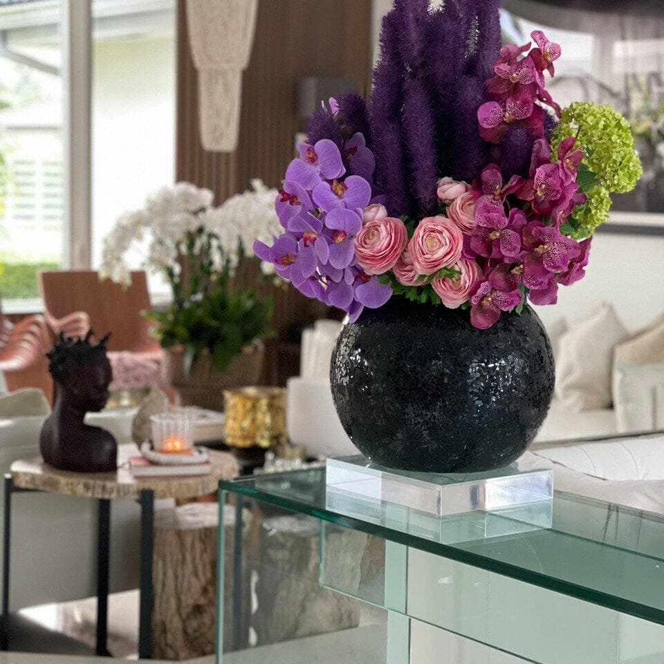 Black Mosaic Vase with Liatris and Orchids The New Garden 
