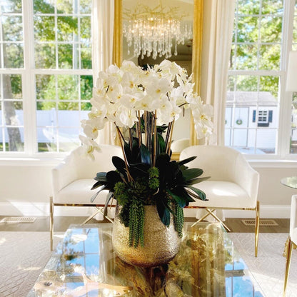 Delaney Gold Vase with Multiple Phalaenopsis Orchid Stems and Succulents The New Garden 