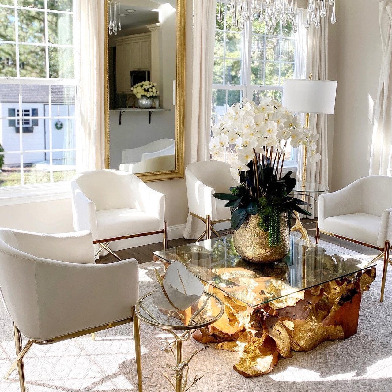 Delaney Vase in Gold with Multiple Phalaenopsis Orchid Stems and Succulents The New Garden 