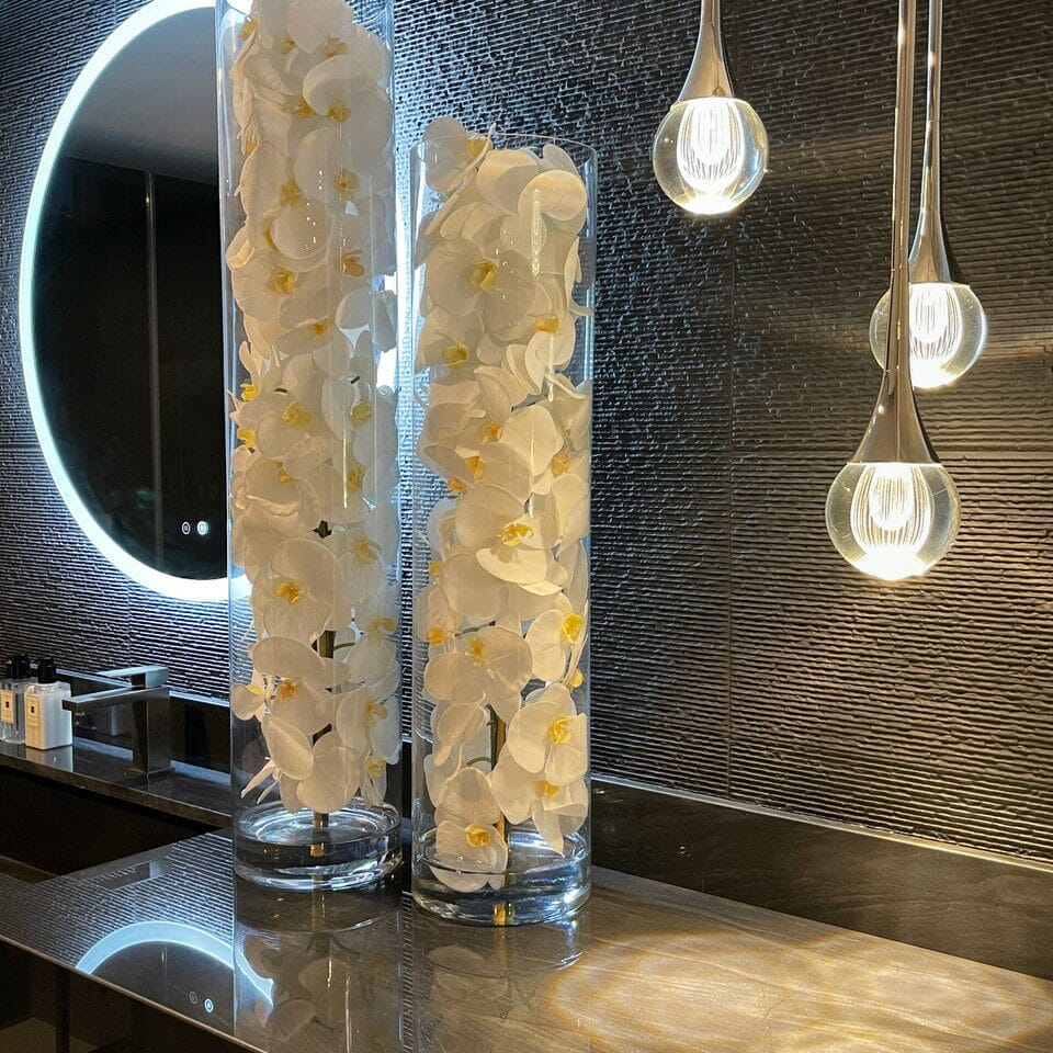 Glass Cylinder with White Phalaenopsis Orchids The New Garden 