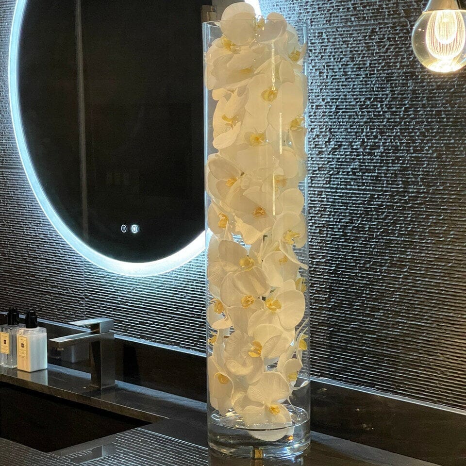 Glass Cylinder with White Phalaenopsis Orchids The New Garden 