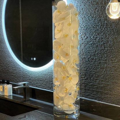 Glass Cylinder with White Phalaenopsis Orchids The New Garden 