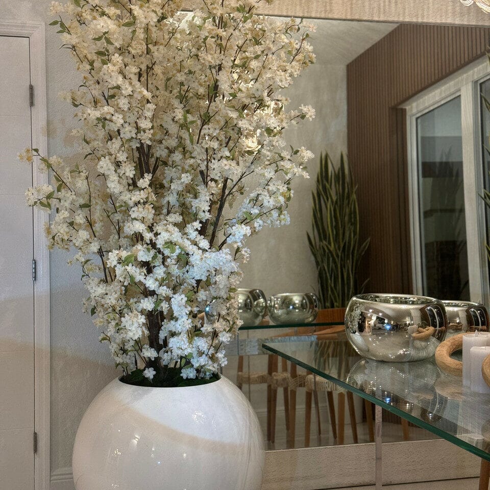 Glossy White Globe Vase with White Cherry Blossom Branches – 185 cm The New Garden 