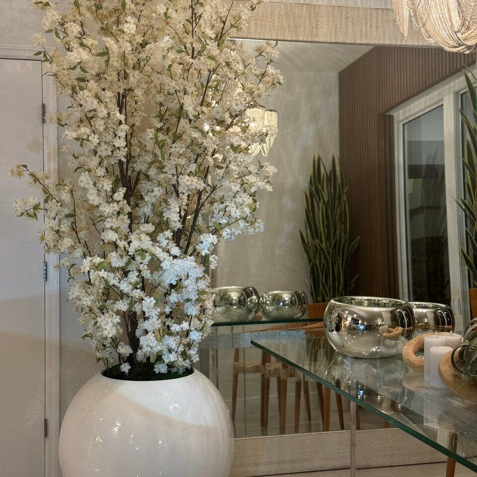 Glossy White Globe Vase with White Cherry Blossom Branches – 185 cm The New Garden 