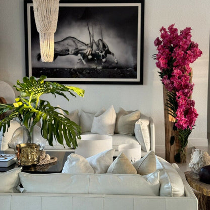 Large teak vase with natural edges and pink Vanda orchids The New Garden 