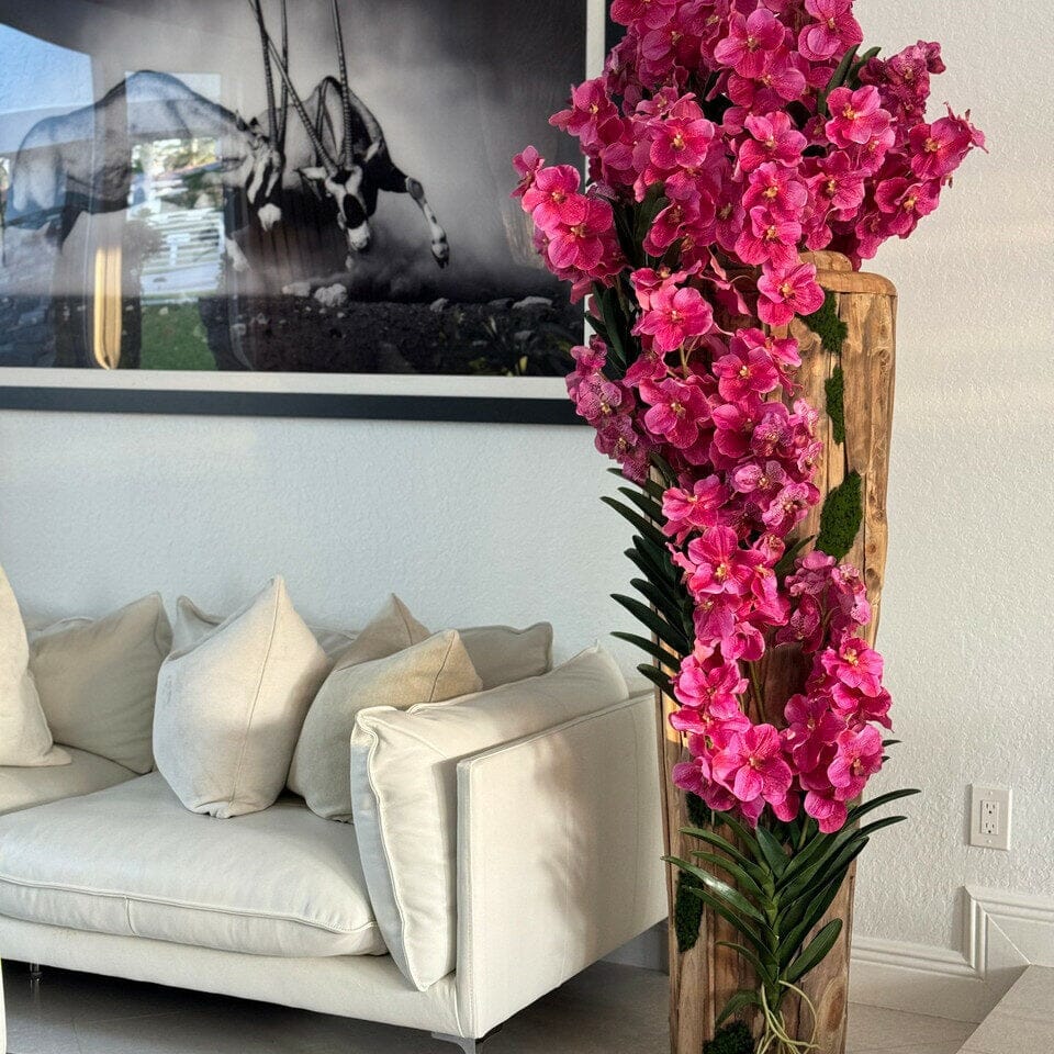 Large teak vase with natural edges and pink Vanda orchids The New Garden 