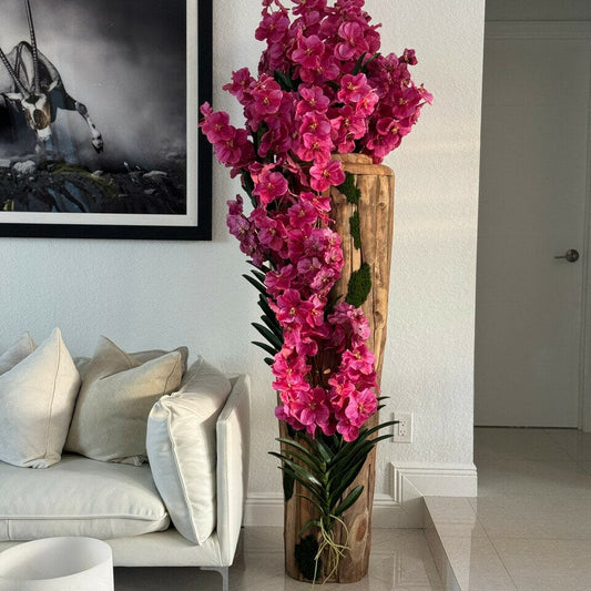 Large Teak Wood Vase with Natural Edges and Pink Vanda Orchids The New Garden 