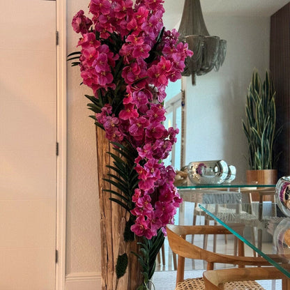Large Teak Wood Vase with Natural Edges and Pink Vanda Orchids The New Garden 