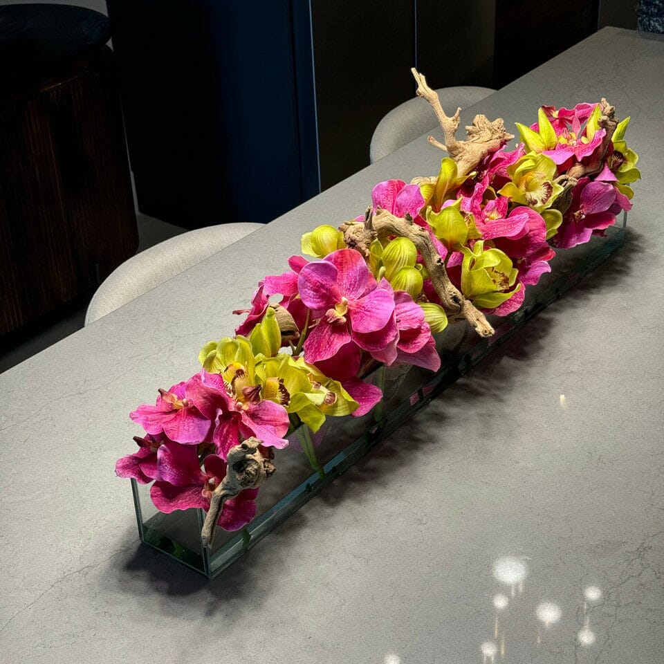 Modern House Glass Vase with Pink Vanda Orchids and Green Cymbidiums The New Garden 