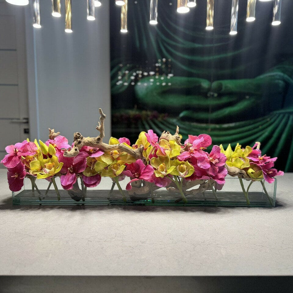 Modern House Glass Vase with Pink Vandas and Green Cymbidiums The New Garden 