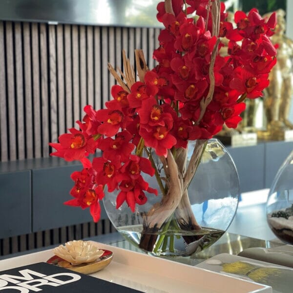 Red Cymbidiums in Moon Vase The New Garden 