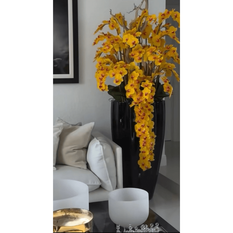 San Jose Vase in Glossy Black with Cascading Yellow Orchids The New Garden 