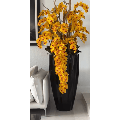 San Jose Vase in Glossy Black with Cascading Yellow Orchids The New Garden 