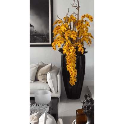 San Jose Vase in Glossy Black with Cascading Yellow Orchids The New Garden 