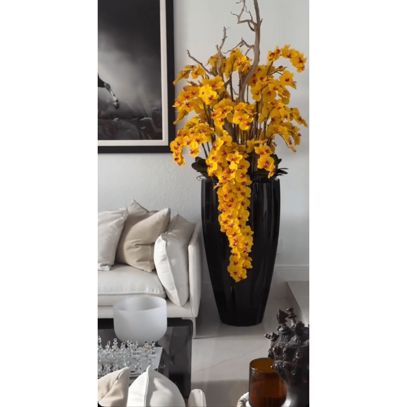 San Jose Vase in shiny black with hanging yellow orchids The New Garden 