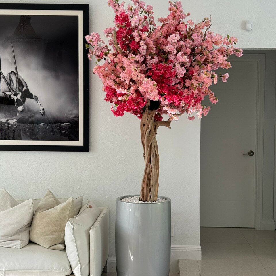 Shiny Silver Lisbon Vase with Custom Tricolor Pink Cherry Blossom The New Garden 