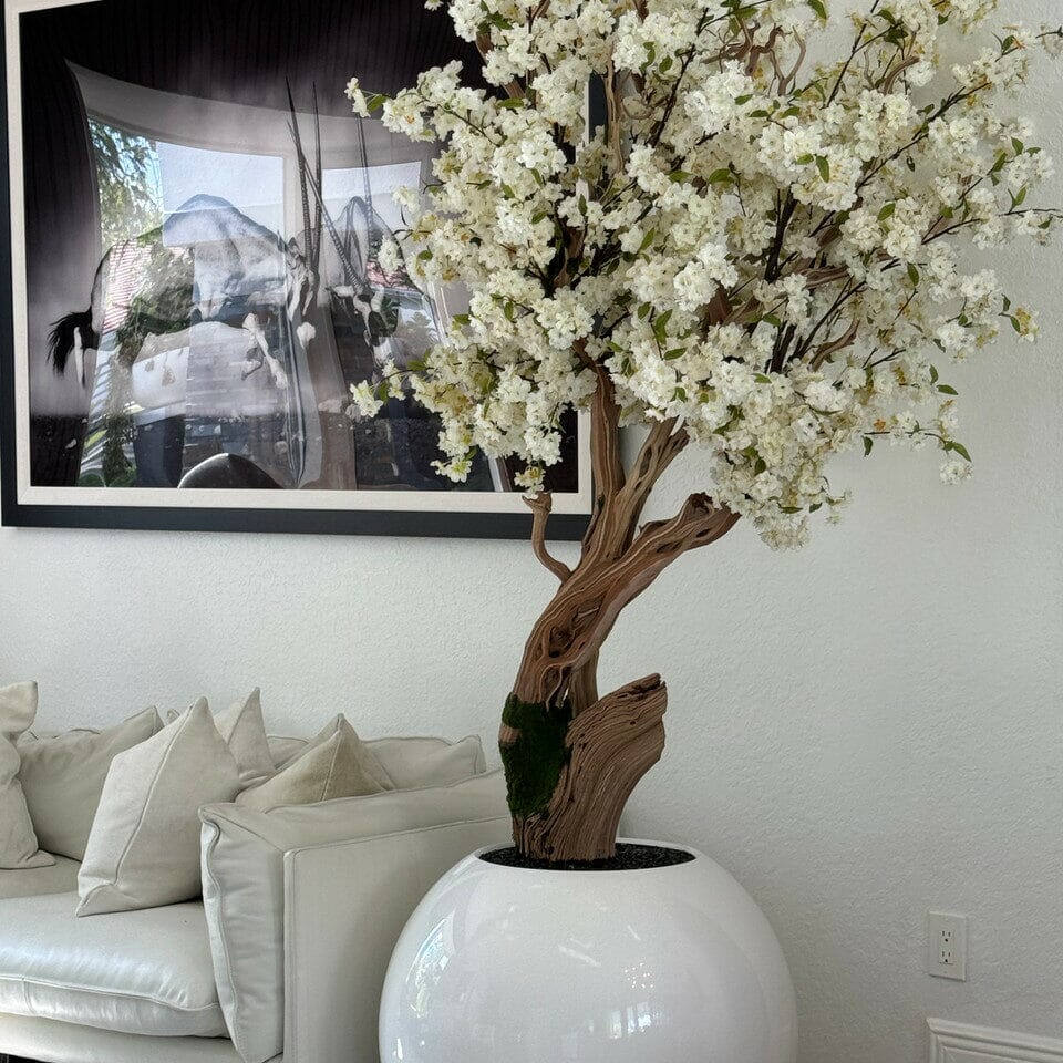 Shiny white globe vase with personalized cherry blossom tree The New Garden 