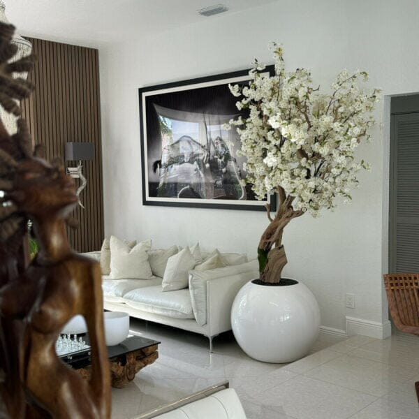 Shiny white globe vase with personalized cherry blossom tree The New Garden 