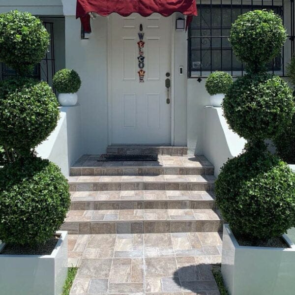 Triple Ball Topiary with Medium Block Fiberglass Planter The New Garden 