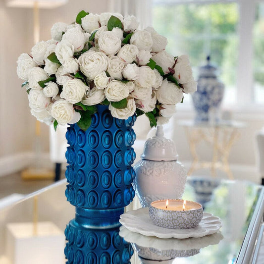 White English Roses in Blue Textured Vase The New Garden 